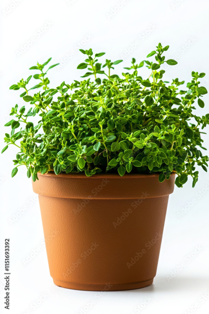 Fototapeta premium Fresh thyme plant in brown pot, perfect for cooking and decoration