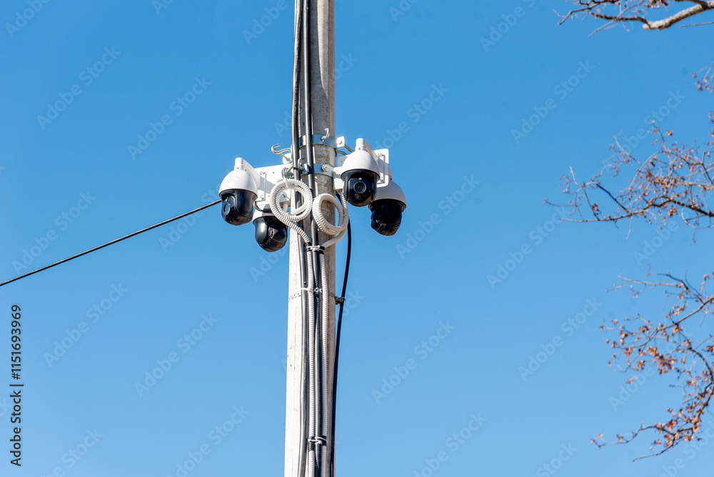 Many CCTV cameras installed on pole outside, safety and property protection Many CCTV cameras installed on pole outside, safety and property protection