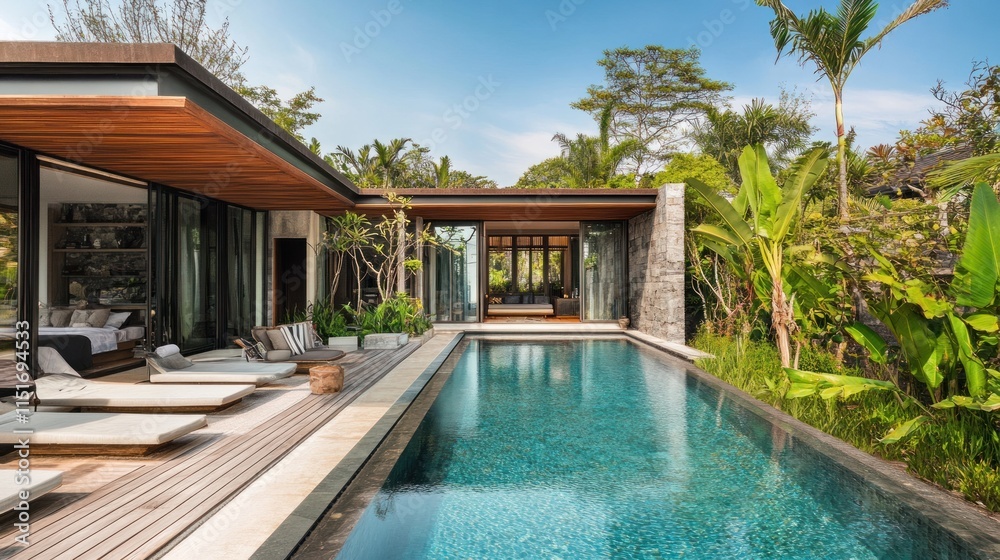 Fototapeta premium Luxury Tropical Villa with Infinity Pool and Lush Landscaping