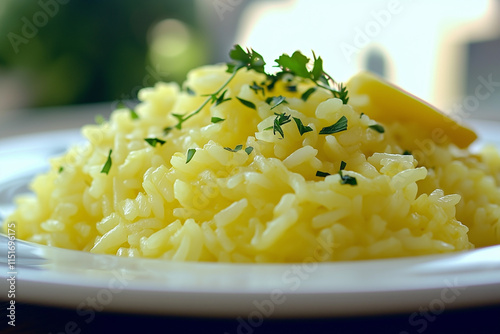 Elegant plate of saffron rice with fresh herbs, rich colors, and warm exotic vibe photo