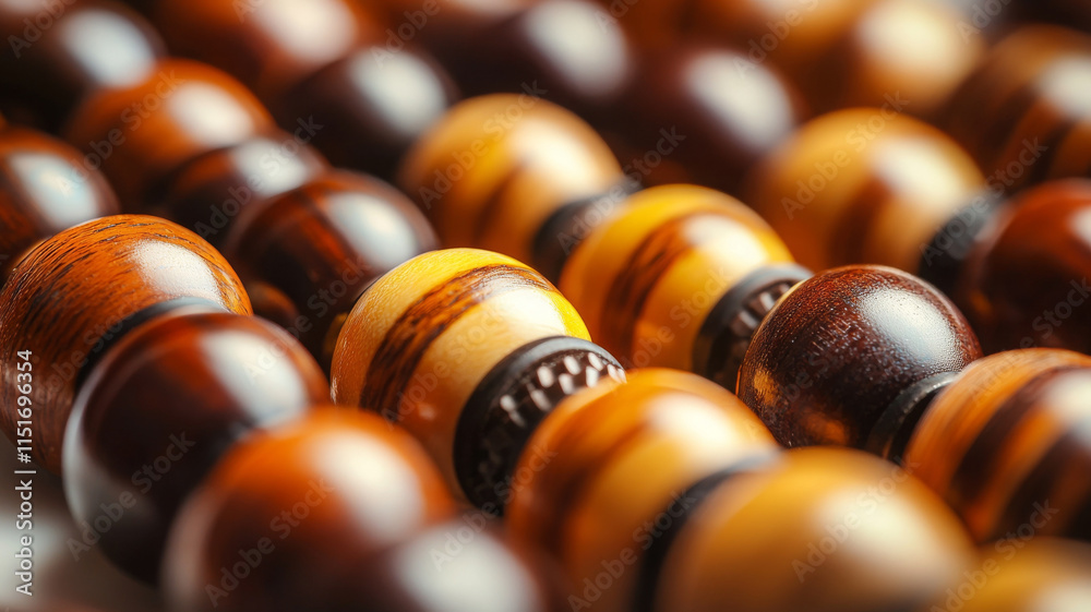 Beautiful wooden prayer beads with intricate patterns and textures Beautiful wooden prayer beads with intricate patterns and textures