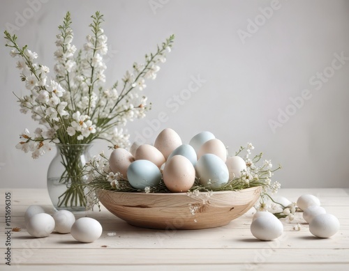 Delicate floral arrangement with painted eggs, white wood backdrop, celebration, bunny, holiday photo