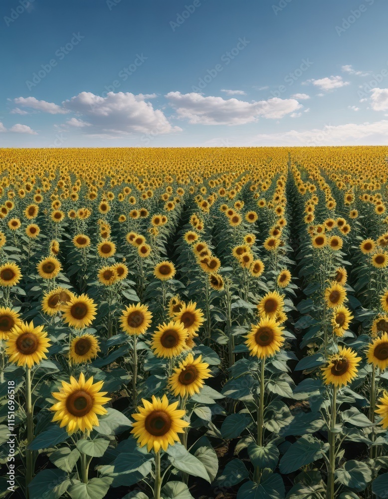 Fototapeta premium Field of sunflowers in bright blue sky, no clouds visible - Blue Sky Sunflower Field, natural beauty, sunny field