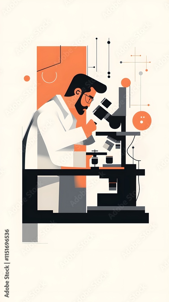 A scientist is looking through a microscope in a laboratory. This flat vector illustration has a white background, a simple design A scientist is looking through a microscope in a laboratory. This flat vector illustration has a white background, a simple design