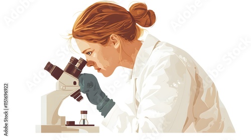 A scientist is looking through a microscope in a laboratory. This flat vector illustration has a white background, a simple design