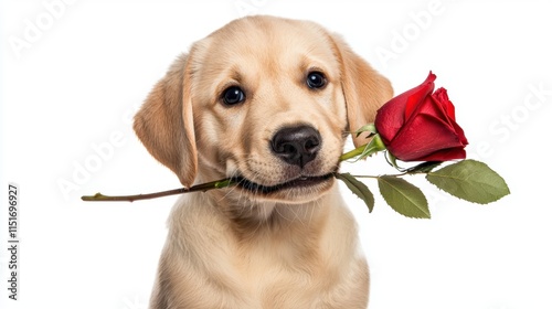A cute puppy holding a red rose in its mouth, embodying affection and charm in a playful and endearing pose.