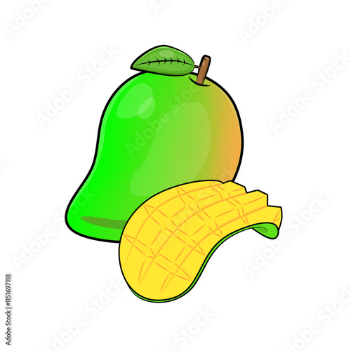 Fresh Green Mango with Yellow Slice Cartoon Illustration