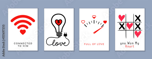 Connected to Him, Happy Valentine's Day creative posters set. Be my Valentine templates - Love shine, Full of love, Tic Tac Toe. Vector background in modern trendy style