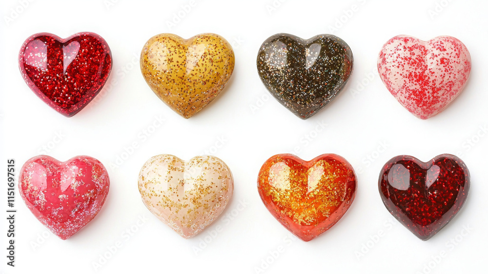 Colorful hearts with glitter on white background evoke joy and love Colorful hearts with glitter on white background evoke joy and love