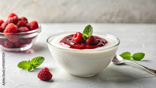 Creamy Yogurt with Raspberry Coulis and Fresh Mint Garnish