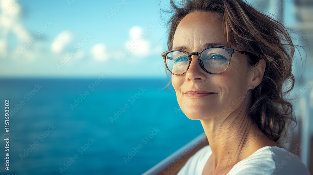A woman in glasses smiles while looking off to the side. A woman in glasses smiles while looking off to the side.