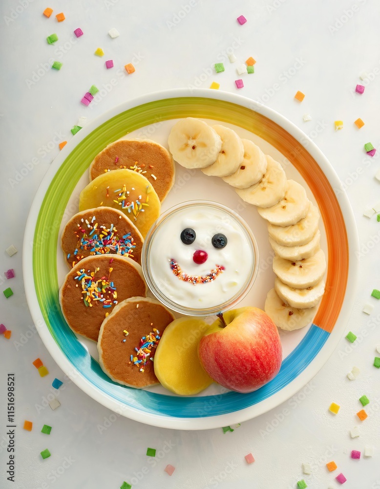 Obraz premium Colorful and funny kids' breakfast with pancakes, yogurt, banana and apple