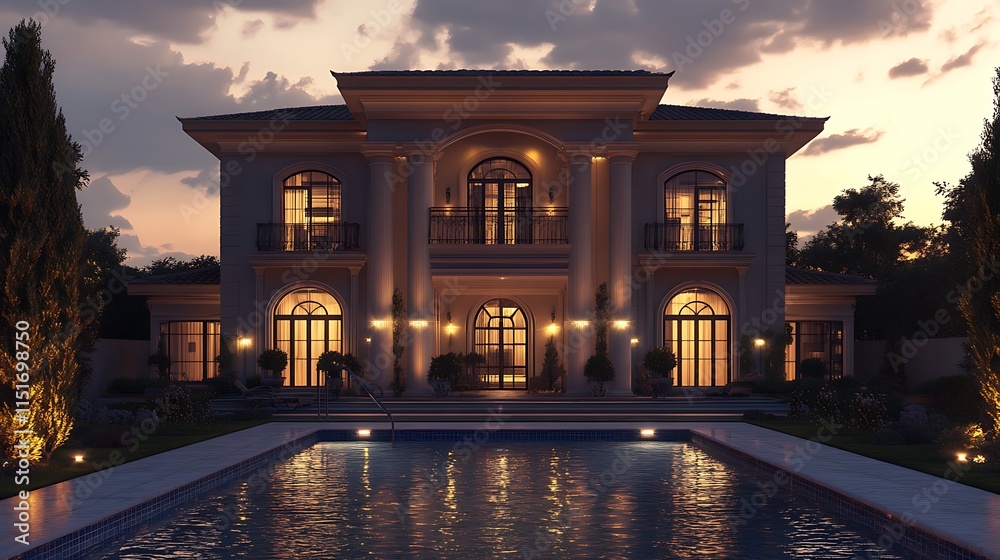 Obraz premium Elegant house with a swimming pool in a modern architectural style