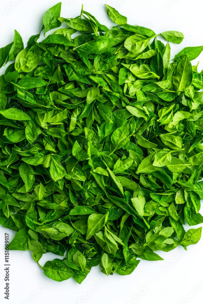 Obraz premium Fresh green basil leaves arranged beautifully on white background