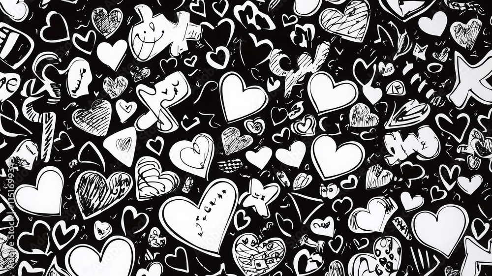 Fototapeta premium Doodles of hearts and playful sketches on black background evoke love