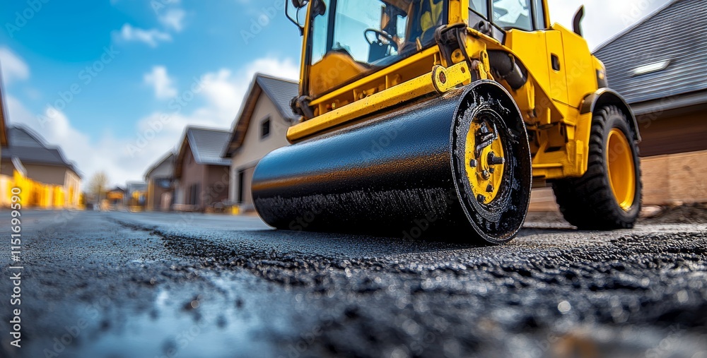 Paved Road Construction Scene with Roller Compactor on Asphalt Surface: Infrastructure Development, Roadwork Operations, and Heavy Equipment in a Scenic Landscape Paved Road Construction Scene with Roller Compactor on Asphalt Surface: Infrastructure Development, Roadwork Operations, and Heavy Equipment in a Scenic Landscape