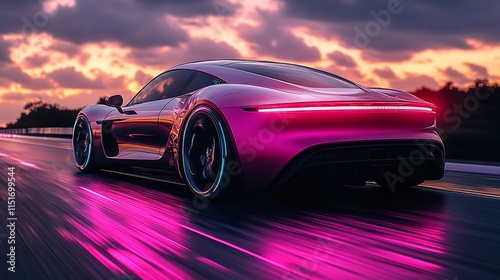 futuristic car and motion blur on neon background