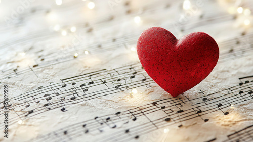 Red heart on sheet music with soft lights creating romantic atmosphere
