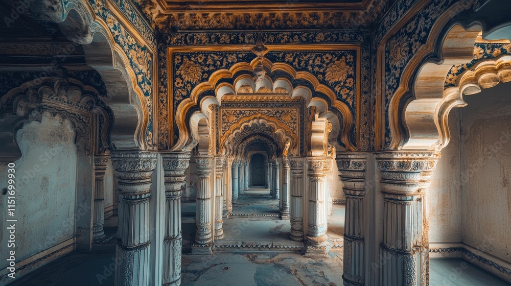 Obraz premium Ornate hallway, arched columns, faded dÃ©cor, ancient architecture.