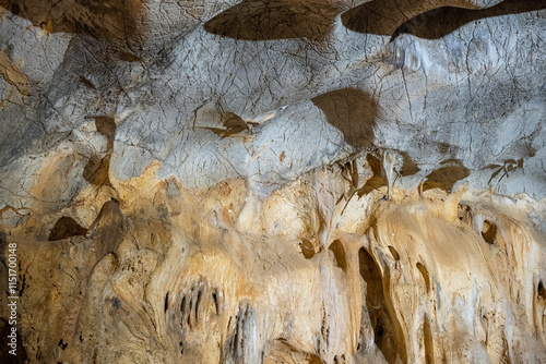 Interior of the large hall of old Karain cave, hidden in Mediterranean region. Confirms human habitation since the early Paleolithic age between 150,000 and 200,000 years ago.Yagca, Antalya, Turkey. photo