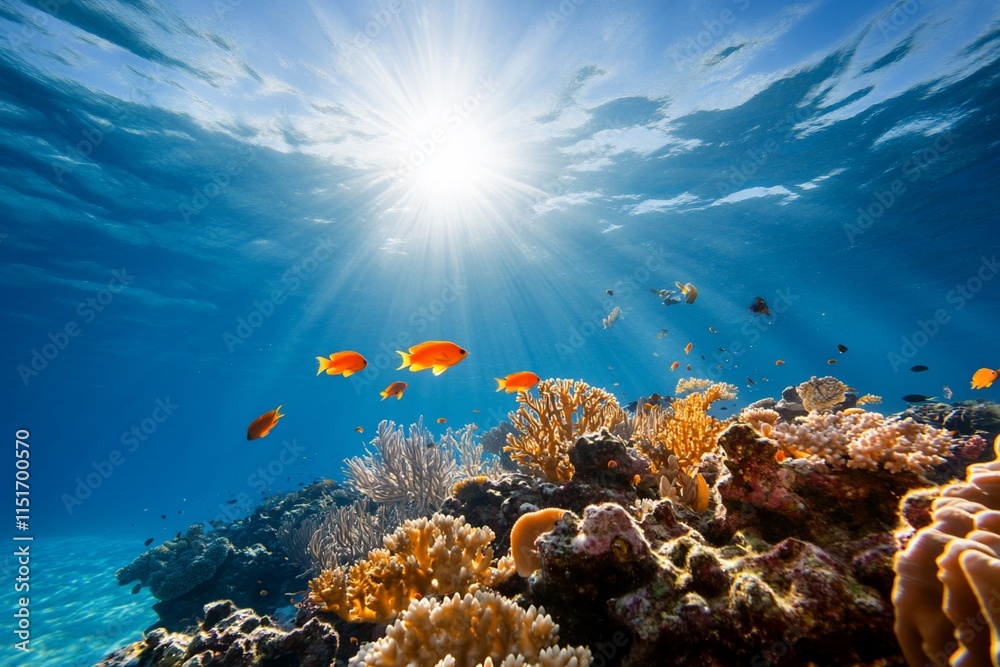 Naklejka premium Underwater scene with coral and colorful fish.