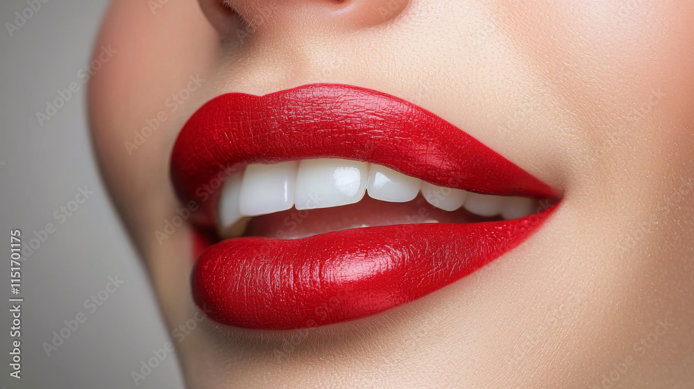 Bright red lips with perfect smile, showcasing beauty and confidence Bright red lips with perfect smile, showcasing beauty and confidence