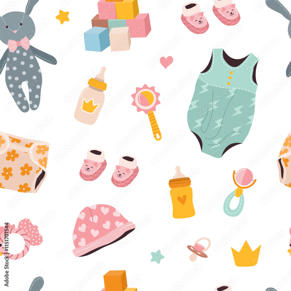Seamless baby pattern for girls with essentials and toys. Charming print for infants in a playful style. Ideal for wrapping paper, textiles, nursery decor, and baby shower designs. Vector illustration