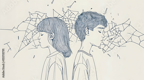With simple lines, two children stand distantly, their closed-off postures mirroring the emotional divide caused by parental strife