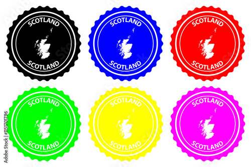 Scotland - rubber stamp - vector, Scotland (Alba) map pattern - sticker - black, blue, green, yellow, purple and red