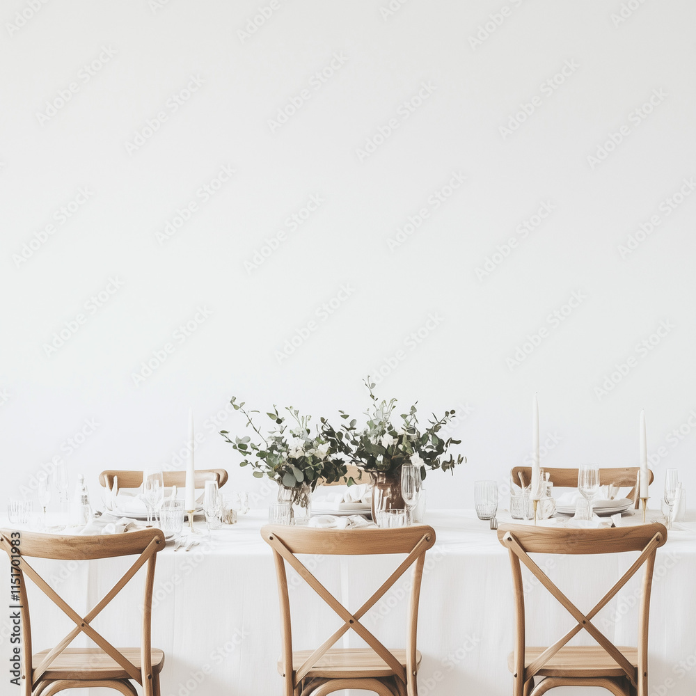 Obraz premium Elegant dining table set for a celebration, featuring wooden chairs and floral arrangements, symbolizing Labor Day gatherings
