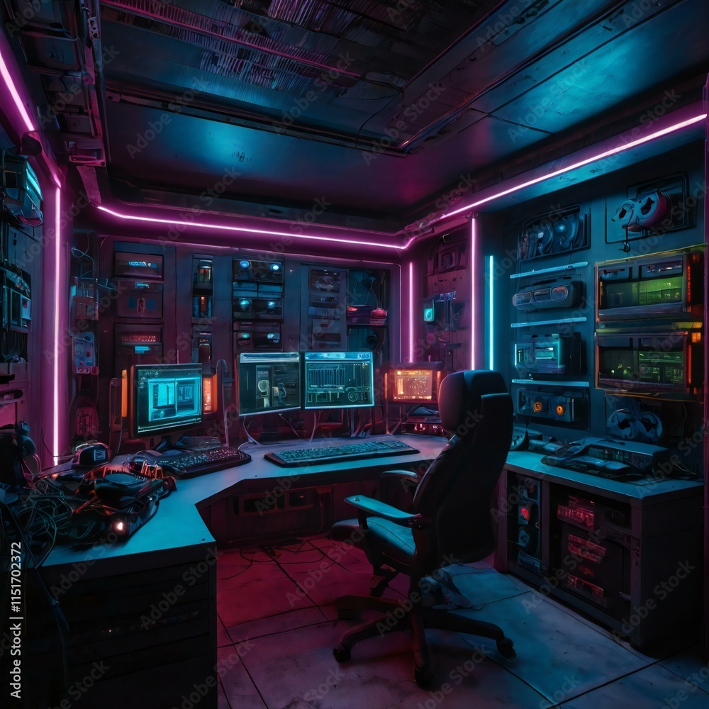 A cyberpunk hacker’s hideout featuring Generative AI A cyberpunk hacker’s hideout featuring Generative AI