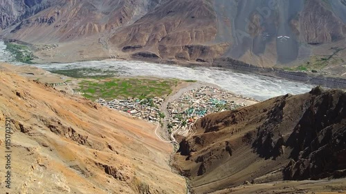 An aerial view of the beautiful kaza town from dhar lung wooh in spiti valley, himachal pradesh in India.