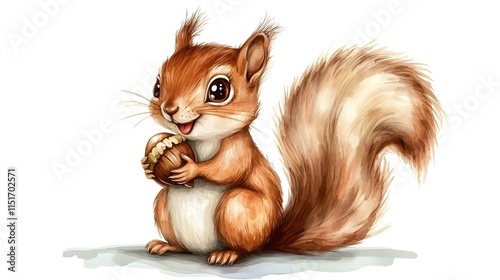 Cute Adorable Little Squirrel Holding an Acorn in Watercolor Style