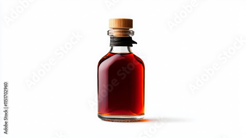 Rich amber vanilla extract in glass bottle with wooden cap