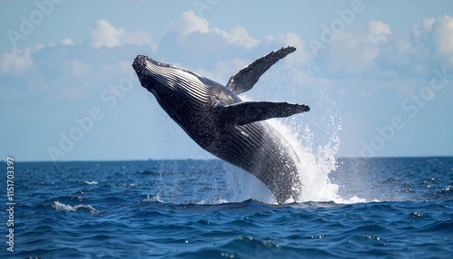 Humpback whale breaching dramatically in the clear ocean waters, World Wildlife Day

 photo