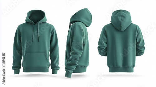 Pullover green hoodie mockup back, front and side view isolated on white background for brand presentation

