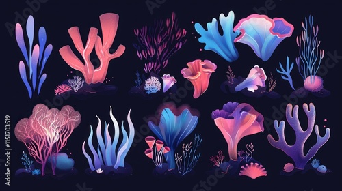 Detailed collection of vibrant coral illustrations featuring underwater flora and seaweed in neon pink, blue, and purple hues against a black backdrop. photo