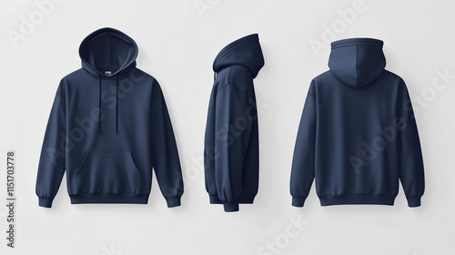 Pullover navy blue hoodie mockup back, front and side view isolated on white background for brand presentation



 photo