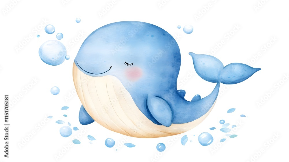 Naklejka premium Adorable Little Whale in Watercolor Style Surrounded by Bubbles