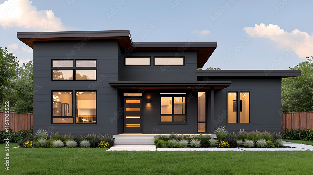Modern black house with large windows and landscaped garden