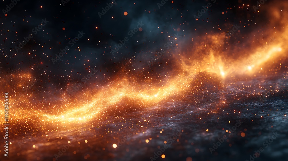 Obraz premium Shimmering golden particles meander in a vibrant cosmic light domain wallpaper image