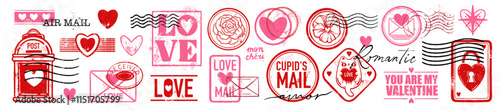 Valentine day love stamp set, vector romantic mail print collection, February heart vintage sign. Greeting wedding correspondence postcard sticker, date postage retro graphic. Valentine stamp decor