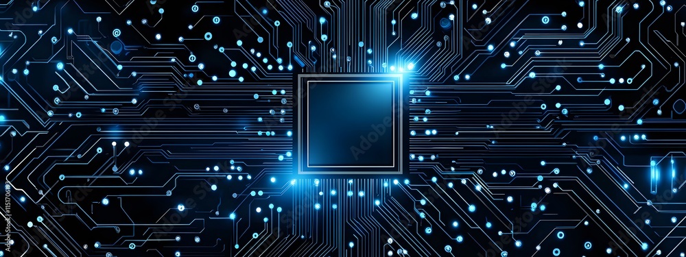 The chip is located in the center of an abstract circuit board, with blue glowing lines connecting it to other parts on both sides The chip is located in the center of an abstract circuit board, with blue glowing lines connecting it to other parts on both sides