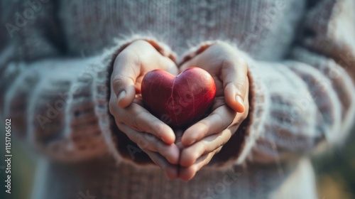 Close-up of hands gently holding a red heart symbolizing care, love, and compassion in a serene setting.