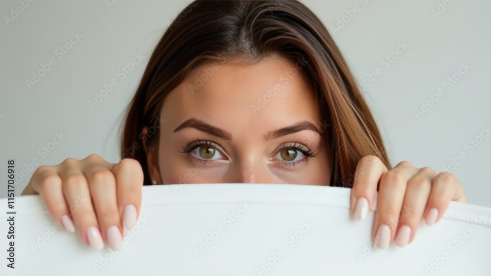 young woman hides half of her face behind a white sheet in front of her.