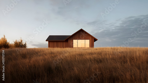modern wooden house on grassy hill under cloudy sky
