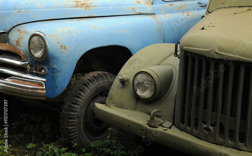 Parts of Pobeda sedan and UAZ off-road vehicle