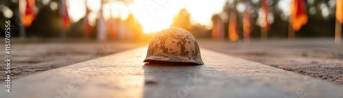 A soldier's helmet rests solemnly upon a memorial plaque, bathed in the warm glow of the setting sun, framed by a multitude of flags fluttering in the gentle breeze This image evokes a sense of photo