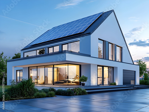Modern house with solar panels, large windows, and landscaped garden