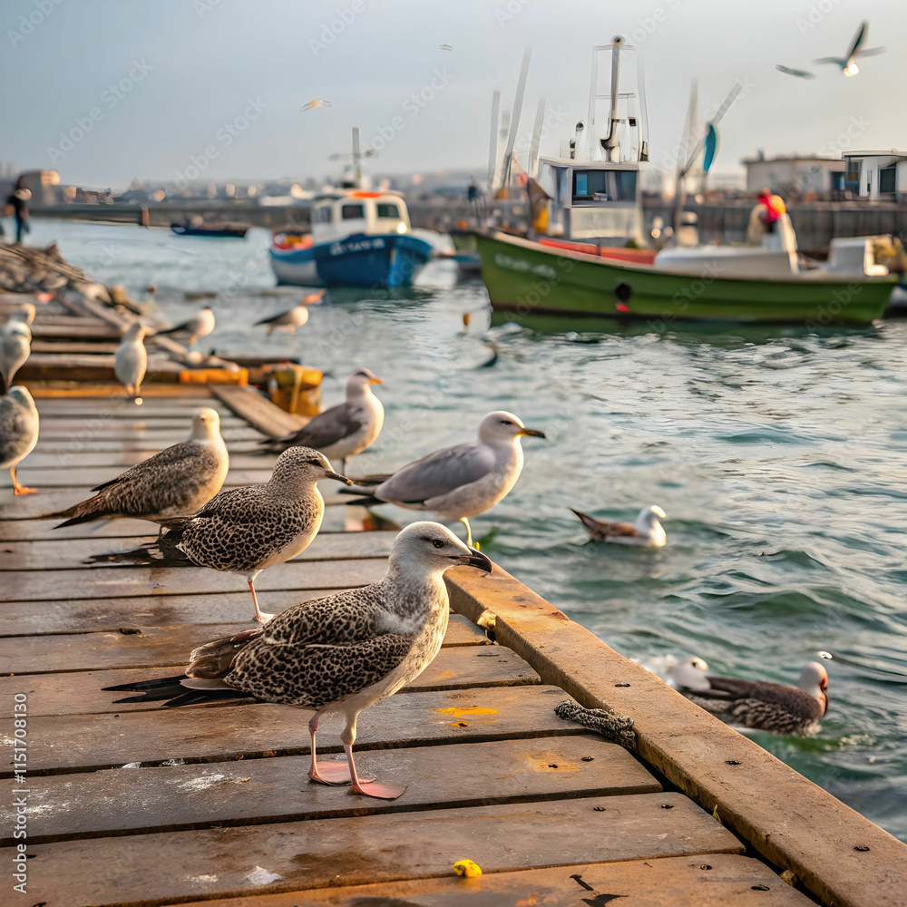 Juvenile seagulls near the docks are young, inquisitive birds, often scavenging for food Juvenile seagulls near the docks are young, inquisitive birds, often scavenging for food